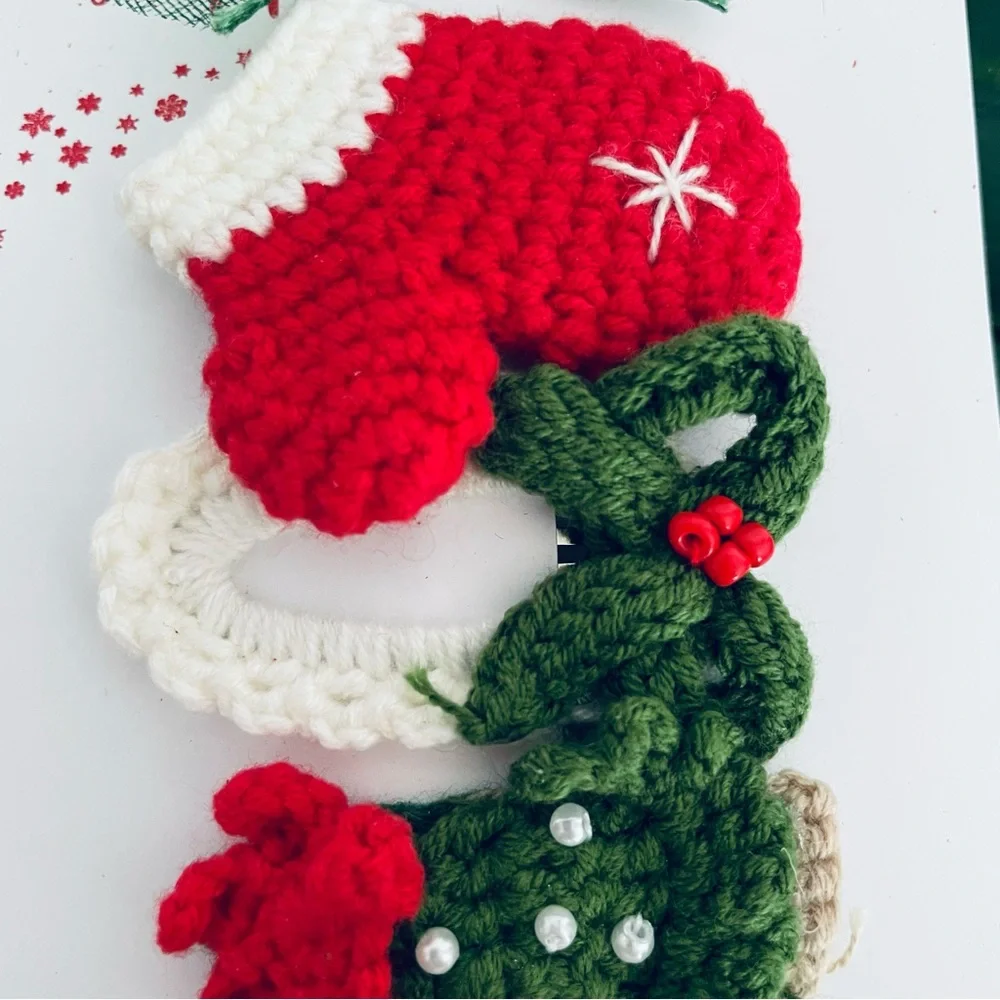 Artisan handcrafted holiday Christmas crochet hair clips Tree, mitten, bows New